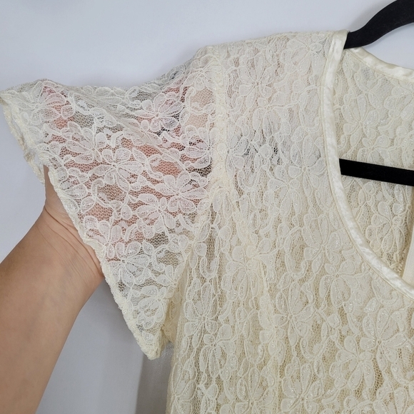 Vtg Cream Lace Midi Dress Cottagecore Boho Short Sleeve Romantic Wedding Size 10 - Picture 7 of 17